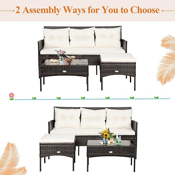 Tangkula 3 Pieces Patio Conversation Set, Outdoor PE Rattan Wicker Furniture Set W/Cozy Cushions, All Weather Sectional Sofa Set W/Tempered Glass Coffee Table for Poolside, Backyard, Garden