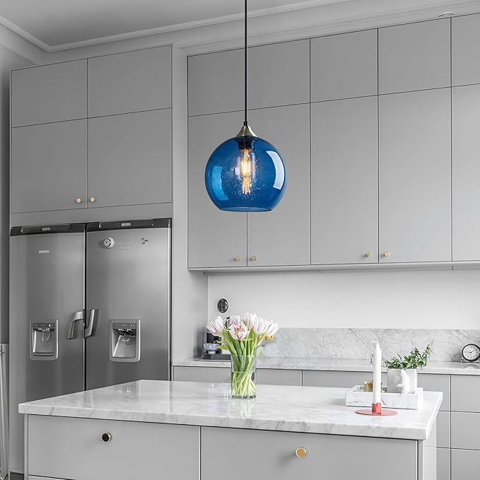 Blue Glass Pendant Lights Kitchen Island Lighting Globe Pendant Light Fixtures Modern Pendant Lighting for Kitchen Island Bedroom Living Dining Room Light Fixture(7.87in, 1-Pack)