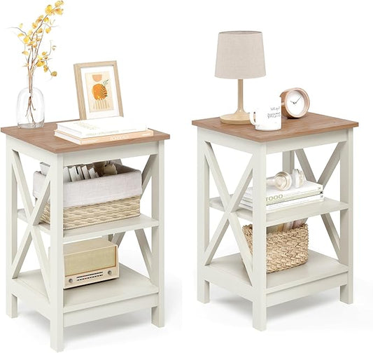 GREEN PARTY End Tables Living Room Set of 2,Side Tables with 3-Tier Storage Shelf, Small Nightstand for Bedroom, Wooden Frame,Small Coffee Table,White