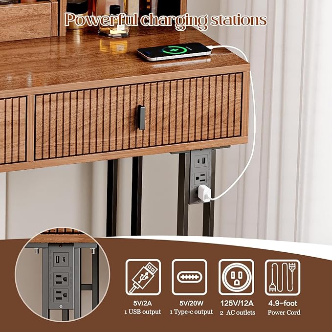 Large Vanity Desk with 3 Color Touch Screen Dimming Mirror, Vanity Desk with Charging Station, Modern Retractable Makeup Dressing Table, Makeup Table With storage shelves and 5 Sliding Drawers, Walnut