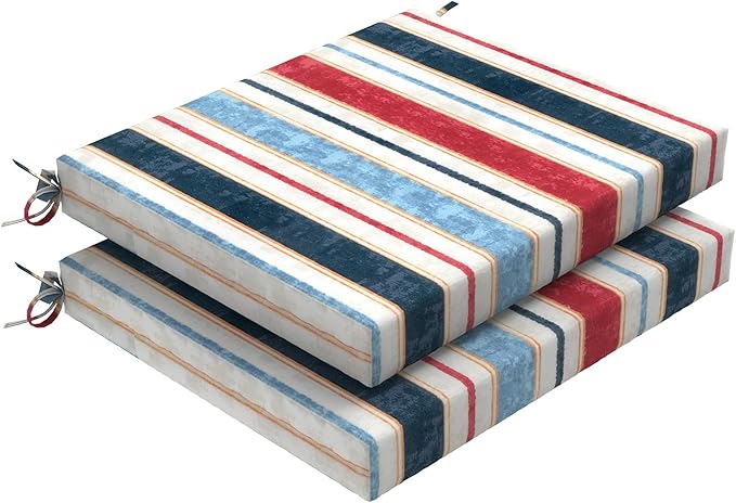 Set of 2 Outdoor Square Chair Cushions 18.5"x16"x2" for Patio, Water Resistant Patio Dining Seat Pads Replacement for Kitchen Garden and Outdoor Furniture Decoration - Stripe Red Blue