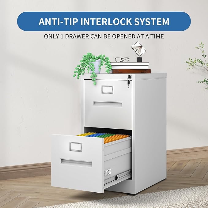 2 Drawer File Cabinet with Lock, Metal Filing Cabinets for Home Office, Vertical Narrow File Cabinet Lockable Steel Storage Cabinets for Letter/Legal/F4/A4 Size, Assembly Required(White)