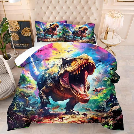Kids 3D Colorful Dinosaur Comforter Set King Size for Boys Tie Dye Dino Quilt Set Soft Microfiber Dino Bed Set for All Season Use Dinosaur Bedding Set with 1 Comforter + 2 Pillowcases
