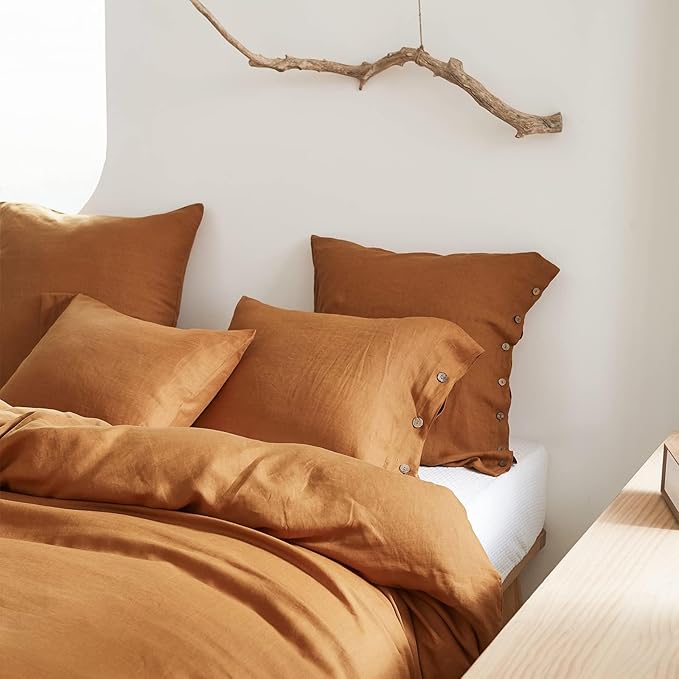 Simple&Opulence 100% Washed Linen Euro Sham Cover, 26 x 26 Inch, Decorative Bed Fall Pillow Cover with Coconut Button, Solid Color Pillow Shams Set of 2 (Rust)