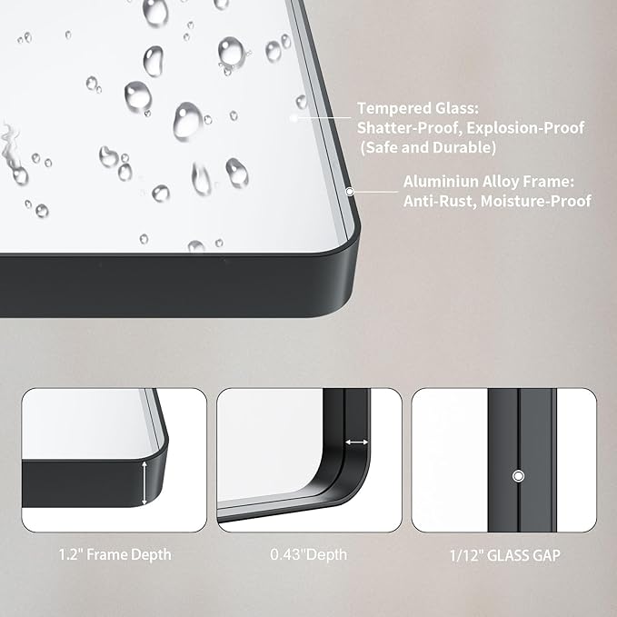 LOAAO 38x38 Inch Black Metal Framed Bathroom Mirror for Wall, Matte Black Bathroom Vanity Mirror Farmhouse, Large Rounded Rectangle Mirror, Anti-Rust, Tempered Glass, Hangs Horizontally or Vertically