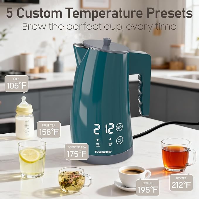 Temperature Control Electric Kettle, 5 Temp Presets, 2H Keep Warm,1.25L 1200W Fast Boil with LED Display, Cool-Touch Design with Auto Shut-Off, Cordless Design, Ideal for Tea and Coffee(Green）
