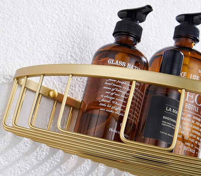 Bathroom Corner Shower Caddy Organizer, Corner-Hollow Design, SUS304 Stainless Steel Heavy Duty Rust-Proof Bathroom Shelf Organizer Holder, Wall Mounted Storage Rack, Brushed Gold