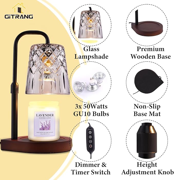 Candle Warming Lamp with Timer Dimmer, Adjustable Height Electric Wax Melt Warmer for Jar Candles with 3 Bulbs, Mother's Day Women's Home Decor Gift, Teardrop Base with Black Pole