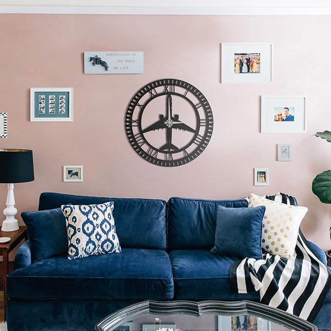 Metal Wall Clock | Airplane Silhouette Design | Roman Numerals | Silent Non-Ticking | Aviation Decor for Pilot, Traveler, Home, Office & Kids Room (13.8"x13.8")