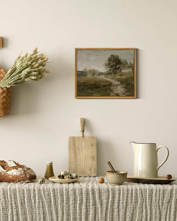 InSimSea Framed Canvas Wall Art Vintage Decor, Retro Room Decor, Rural Path Landscape Wall Paintings, Farmhouse Wall Art for Living Room, Vintage Countryside Pictures for Bathroom Wall Decor, 9"x11"