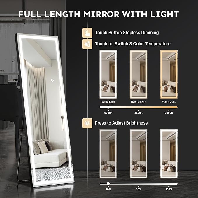 56"x18" Full Length LED Mirror with Lights, Dimmable Standing/Wall Mirror for Bedroom, Full Body Lighted Floor Mirror, Tempered Glass