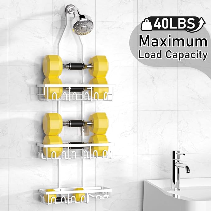 Shower Caddy,Rustproof Shower Shelves Over Shower Head,Extended Length shower rack with Soap HoSlder,White