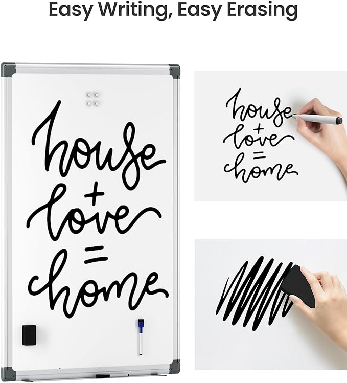 VUSlGN 3PCS Magnetic White Board kit for Wall 36" x24", 3 Dry Eraser & 6 Multicolor Markers & 12 Magnetic Pins, Sliver Reinforced Aluminum Frame for Home, School, Office