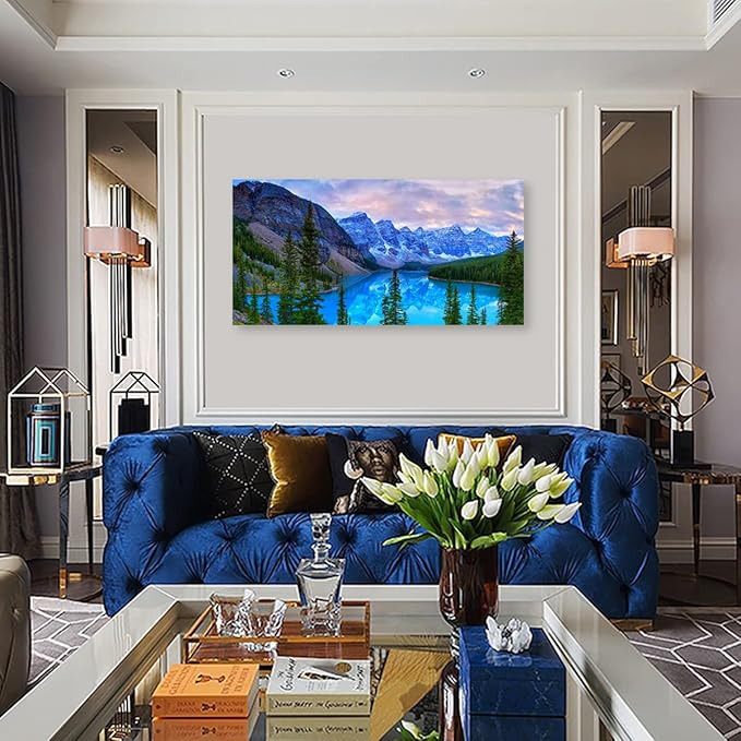Mountain Lake Wall Art Living Room Wall Decor Banff National Park Nature Landscape Canvas Picture Blue Sky Water Forest Canvas Print Artwork for Bedroom Office Home Framed Ready to Hang 30" x 60"