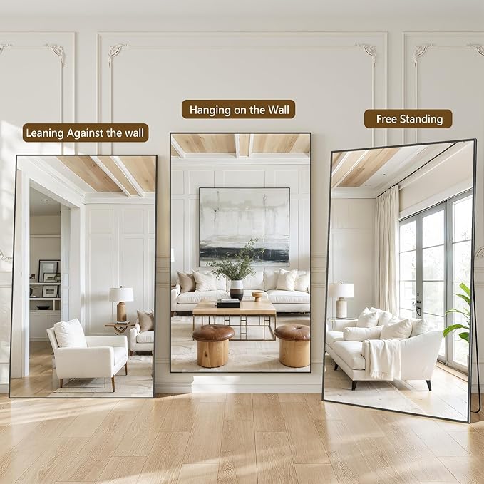 Koonmi 86"x40" Floor Mirror Full Length, Bedroom Floor Body Mirror with Stand, Large Black Mirror, Leaning, Standing or Hanging Horizontally/Vertically