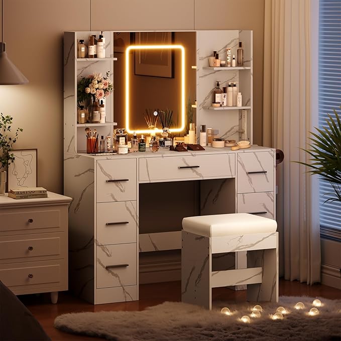 Hetoy Vanity Desk with Mirror and Lights - Makeup Vanity Desk with Chair - Dressing Table with 7 Drawers and Hair Dryer Rack for Bedroom