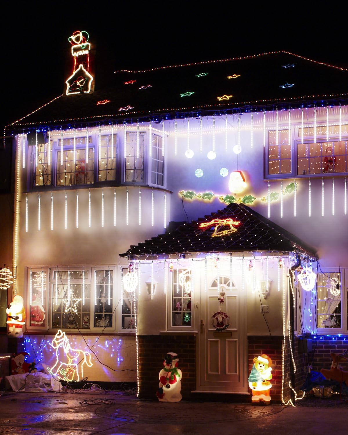 Cool White 20 Tubes Meteor Shower Icicle Lights 480 LED Raindrop Lights with Timer Function Cascading Falling Rain Light for Holiday Party Christmas Decorations