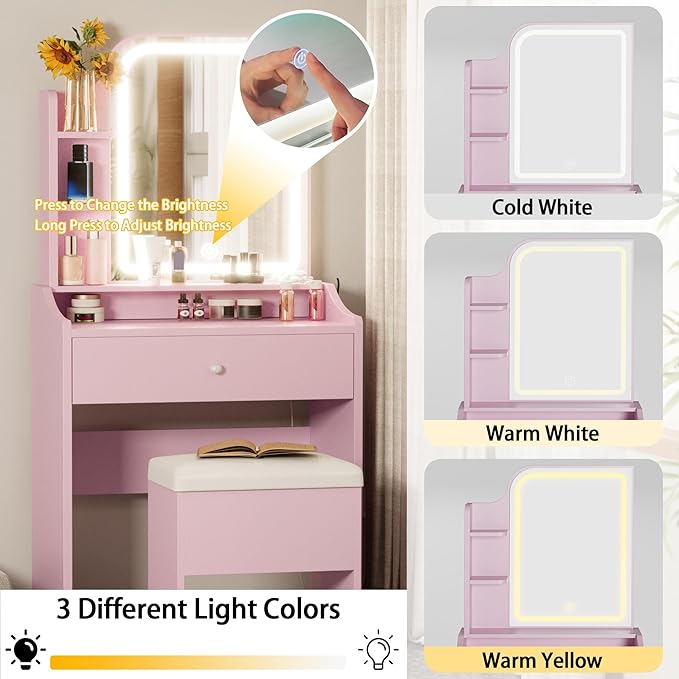 LIKIMIO Small Makeup Vanity Desk with Mirror and Lights, Vanity Table Set with Storage Drawer, Chair and Three Shelves, Bedroom, Pink