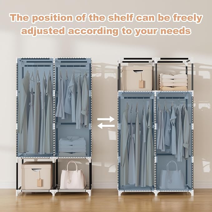 VTRIN Portable Closet Wardrobe Closet for Hanging Clothes with 4 Storage Shelves, 2 Hanging Rods and 6 Pockets, Stable and Easy Assembly Clothes Rack with Cover Free Standing Closet White