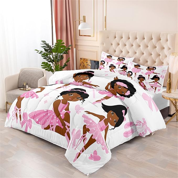 Cute Pink Dancer Bedding Set Full Size 3Pcs Lovely Black Girls Ballerina Patterns Twin Comforter Set for Girls Ultra Soft Princess Bed Decor Quilt Sets, 1 Comforter with 2 Pillowcases