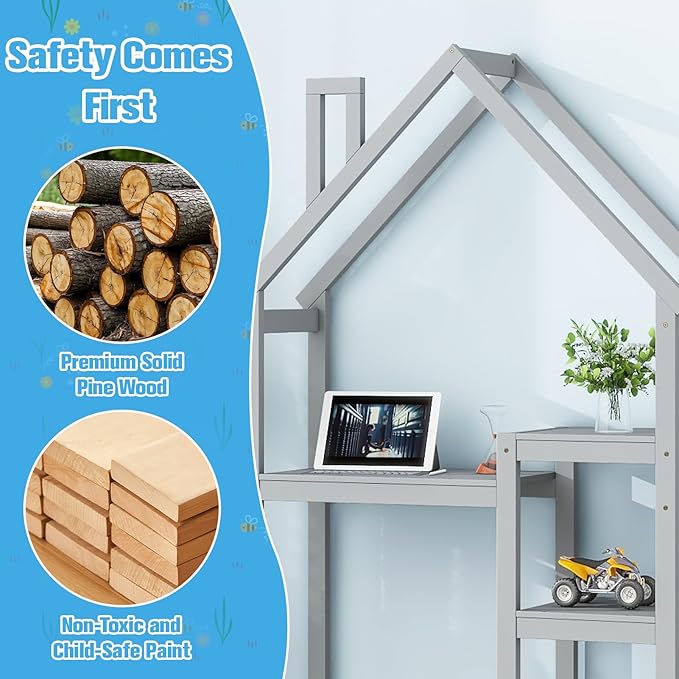 2-in-1 Kids Writing Desk and Bookshelf, 72 inch Tall House-Shaped Wooden Desk for Kids, Built-in 3-Tier Storage Shelves, Anti-Tipping Device, Ideal for Bedroom, Playroom, Learning (Grey)