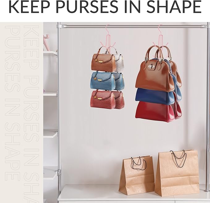 ZEDODIER Purse Hanger Organizer for Closet, 4 Pack Hanging Bag Holder, Keeping Purses Visible and in Good Condition, Metal Handbag Storage Hook Backpack Rack Space Saving Hanger, Pink