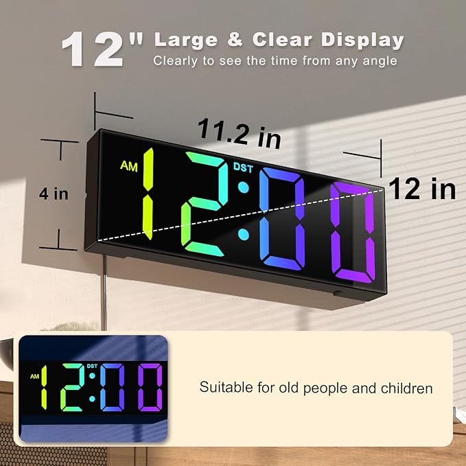 JALL 12'' Large Digital Wall Clock, Big LED Number Dispaly, RGB Colors, DST, Night Light for Classroom Living Room Bedroom Mounted Birthday Xmas Gift for Senior, Mem Womem (Black, 12 inches)
