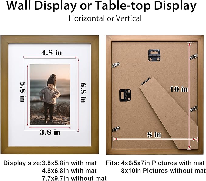 KINLINK 8x10 Picture Frame Brown, Solid Wood Frames with Acrylic Plexiglass for Pictures 4x6/5x7 with Mat or 8x10 without Mat, Tabletop and Wall Display Photo Frame, Set of 4