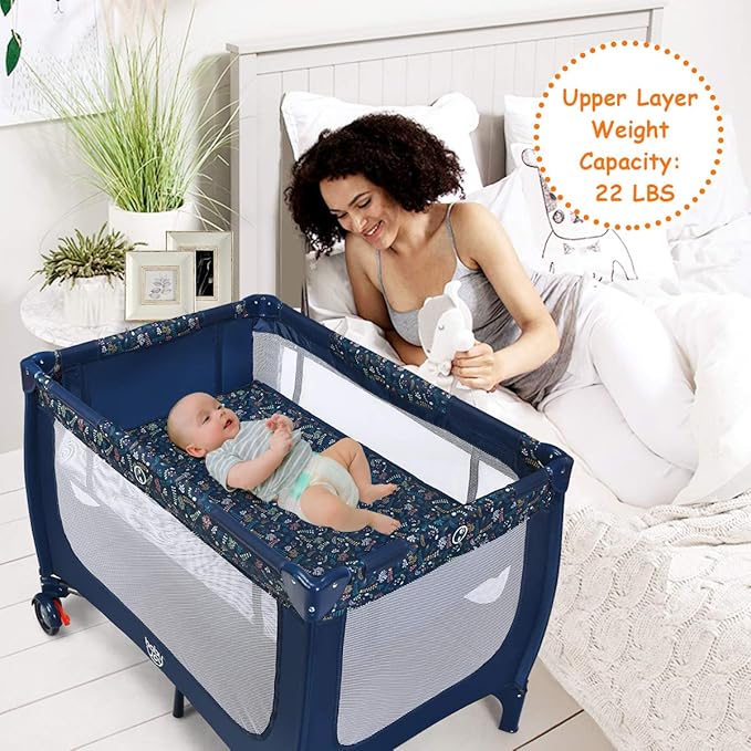 HONEY JOY Pack and Play, Foldable Baby Playard with Bassinet, Lightweight Installation-Free Travel Baby Crib from Newborn to Toddlers, Portable Nursery Center w/Lockable Wheels & Carry Bag(Blue)