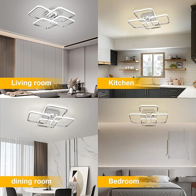Dimmable Modern Led Ceiling Light, 4 Rings Square Ceiling Lamp with Remote Control, 48W Chrome Acrylic Ceiling Lighting Fixture for Living Room Dining Room Kitchen Office Lamps
