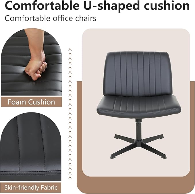 FDW Criss Cross Chair Armless Cross Legged Office Chair Adjustable Swivel Ergonomic Desk Chair No Wheels with Wide Seat Native Sponge Computer Task Vanity Chair for Home Office Dark Black