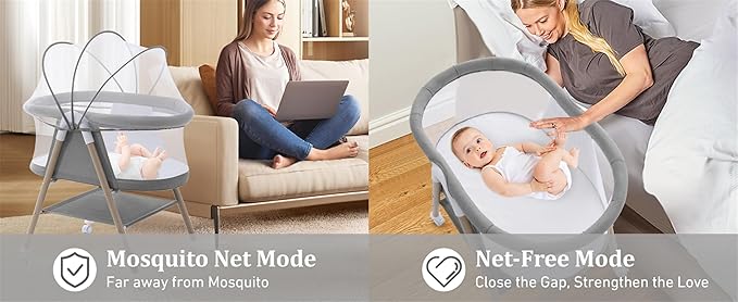 Baby bassinets,3 in1 Baby Crib, Sturdy, Portable & Easy to Assemble,Mosquito net and Portable Bag Included. (Gray)
