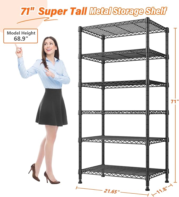 REIBII 6 Tier Shelf Metal Shelving 70"H Storage Shelves Sturdy Wire Rack Shelf Units Adjustable Detachable Storage Shelving Unit for Kitchen Laundry Pantry Garage Commercial 71"H x 21.65"W x 11.8"D