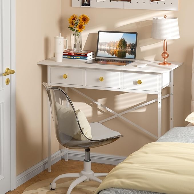 White Writing Desk with 3 Drawers for Bedroom, 37.2 Inch Small Computer Desk for Small Spaces, Simple Study Table for Kids Bedroom, Home Office, Dorm, Living Room, Vanity Make Up Desk, White