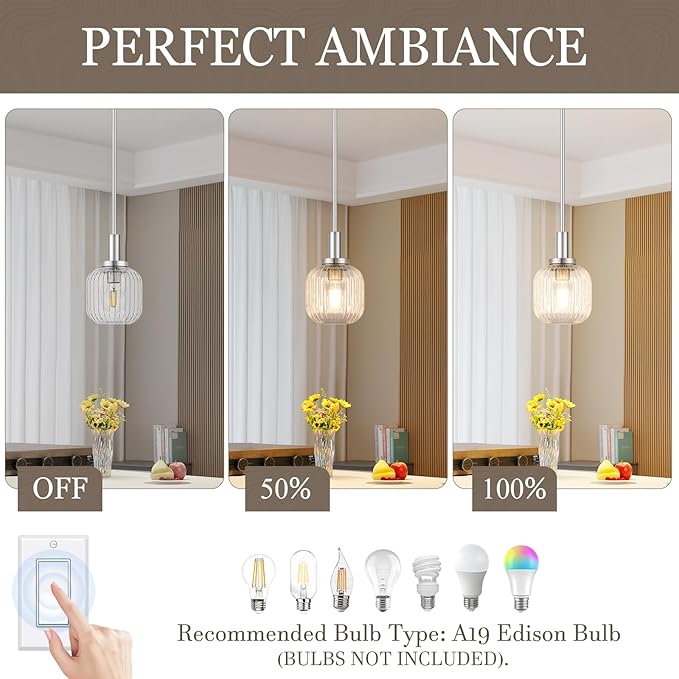 Brushed Nickel Pendant Lights Kitchen Island, 1-Light 5.9" Modern Glass Pendant Light with Clear Glass and Rods, Mini Hanging Lighting for Kitchen Sink Bathroom Bedroom, OS-YQ7749-1PBN