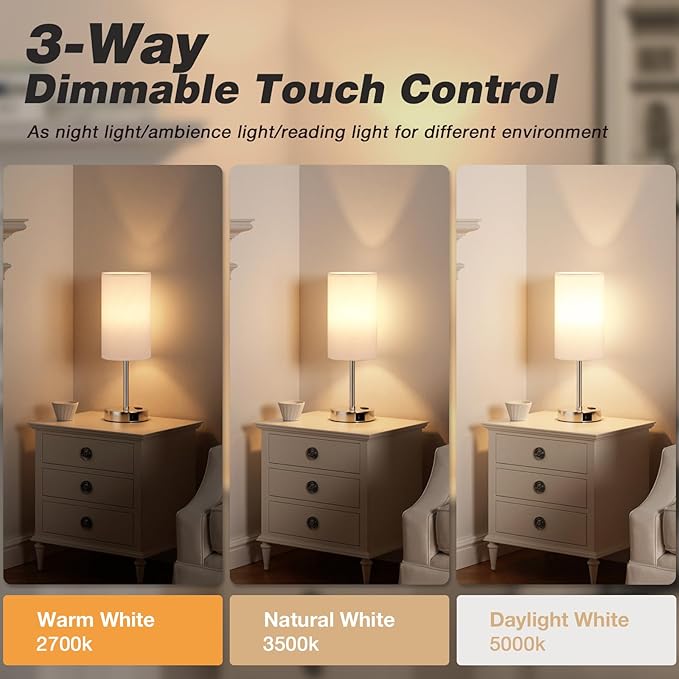 17.4Inch Bedside Touch Table Lamps for Bedroom - Tall Nightstand Lamp with USB-C USB-A Charging Ports White - 3 Way Dimmable Small Desk Lamp for Office, Dorm Room, Living Room, Reading