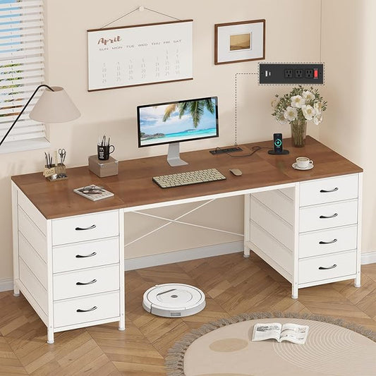 60 Inch Computer Desk with 8 Drawers, Home Office Desk with Power Outlets, Work Study Gaming Desk with 8 Fabric Drawers, Brown and White