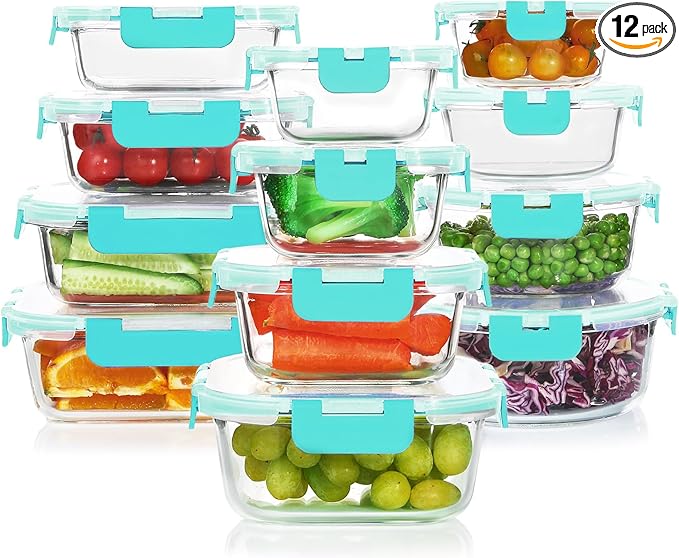 24 Pieces Glass Food Storage Containers Set, Meal Prep Containers-Stackable Airtight Glass Storage Containers with lids,Freezer, Microwave, Oven Safe,Green