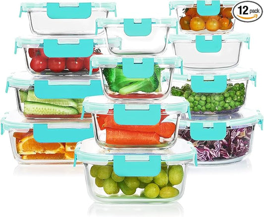24 Pieces Glass Food Storage Containers Set, Meal Prep Containers-Stackable Airtight Glass Storage Containers with lids,Freezer, Microwave, Oven Safe,Green