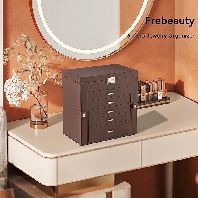 Frebeauty Large Jewelry Box,6-Tier PU Leather Jewelry Organizer,Multi-functional Storage Case with Mirror,Accessories Holder with 5 Drawers for Necklace Bracelets Watches(Dark Brown)