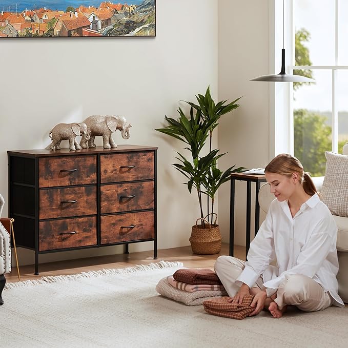 Sweetcrispy 6 Drawer Dresser for Bedroom, Fabric Chest of Drawers Dressers, Storage Tower Unit with Fabric Bins, Bedroom Dresser for Closet, Living Room, Hallway, Wood Top, Steel Frame, Brown