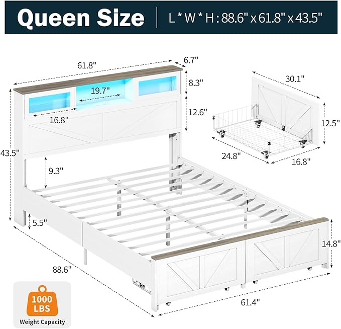 Yoobure Farmhouse Queen Bed Frame with Headboard - Bed Frame Queen Size with Charging Station & LED Lights, Wood Bedframe Queen-Size with 2 Storage Drawer, Platform Beds, No Box Spring Needed, White