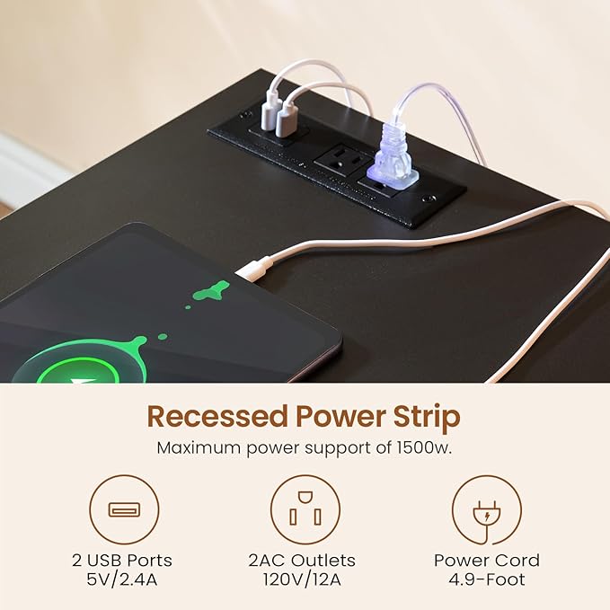 SEDETA 55.1" Rattan Computer Desk with Drawers, Office Desk with Drawers & Storage Cabinet, Farmhouse Home Office Desk with Storage, Wood Writing Desk with Power Outlets for Home Office, Black