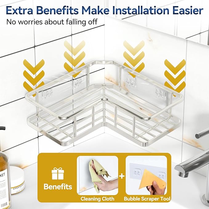 YASONIC Corner Shower Caddy Organizer, 5-Pack Self-Adhesive Rustproof Bath Shelves with Soap Holder & 4 Hooks, Large Capacity Shower Storage Rack for Bathroom Organization, Silver