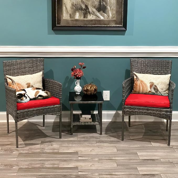 FDW | 3-Piece Patio Furniture Set | Gray & Red | Outdoor Wicker Furniture with Coffee Table | Modern Rattan Chairs Conversation Set | Outdoor Seating | Weather-Resistant | for Porch, Garden, Lawn