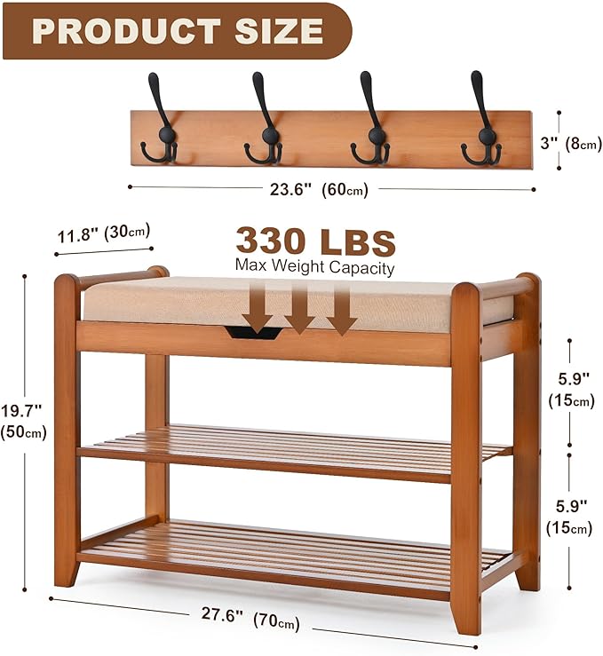 Shoe Storage Bench with Coat Rack, 27.6in Hall Tree Shoe Rack, 3-Tier Bamboo Entryway Bench Holds Up to 330lb for Bedroom Hallyway