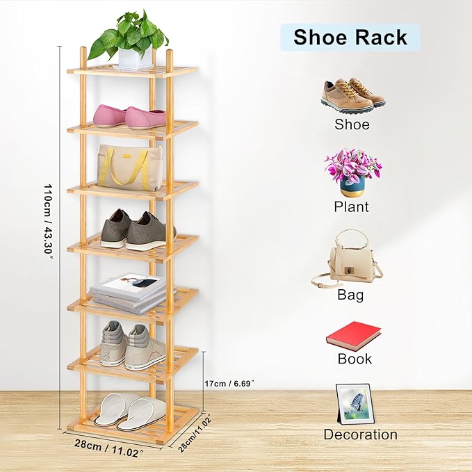7-Tier Shoe Rack for Closet, Shoes Organizer Free Standing Shelf Entryway and Closet Hallway, Small Space Stackable Bamboo Multifunctional Racks Shoe Storage