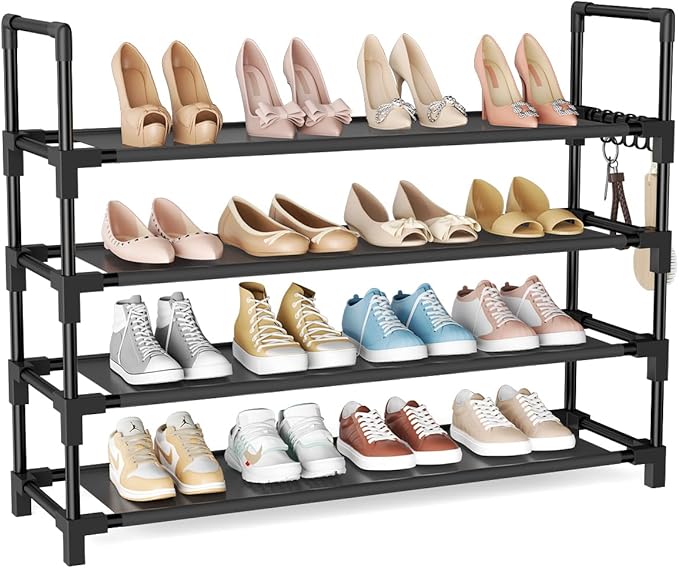 4 Tier Shoe Rack, Shoe Organizer Storage for 16-20 Pair Boot and Sneaker, Stackable Free Standing Shoe Shelf with Hooks and Side Pocket, Space Saving Shoes Rack for Closet, Entryway