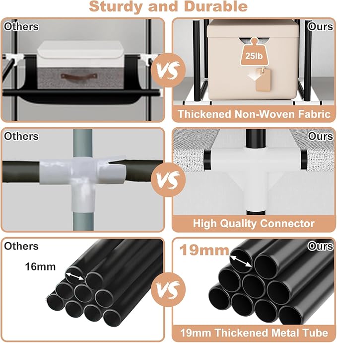 VTRIN Portable Closet Wardrobe for Hanging Clothes Closet with Cover, 3 Hanging rods, 6 Storage Shelves and Side Pocket, Diameter 19mm Metal Pipe, Sturdy Free Standing Closet for Bedroom, White