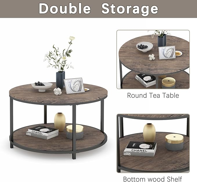 Round Coffee Table, Rustic Wooden Surface Top & Sturdy Metal Legs Industrial Sofa Table for Living Room Modern Design Home Furniture with Storage Open Shelf (Walnut, 27.6 in)